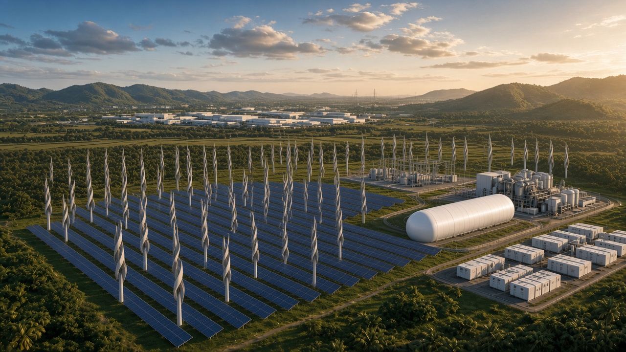 Conceptual rendering of the proposed New Clark City hybrid plant: solar trackers with interspersed vertical-axis wind turbines, a CO2 battery dome and iron-air storage containers